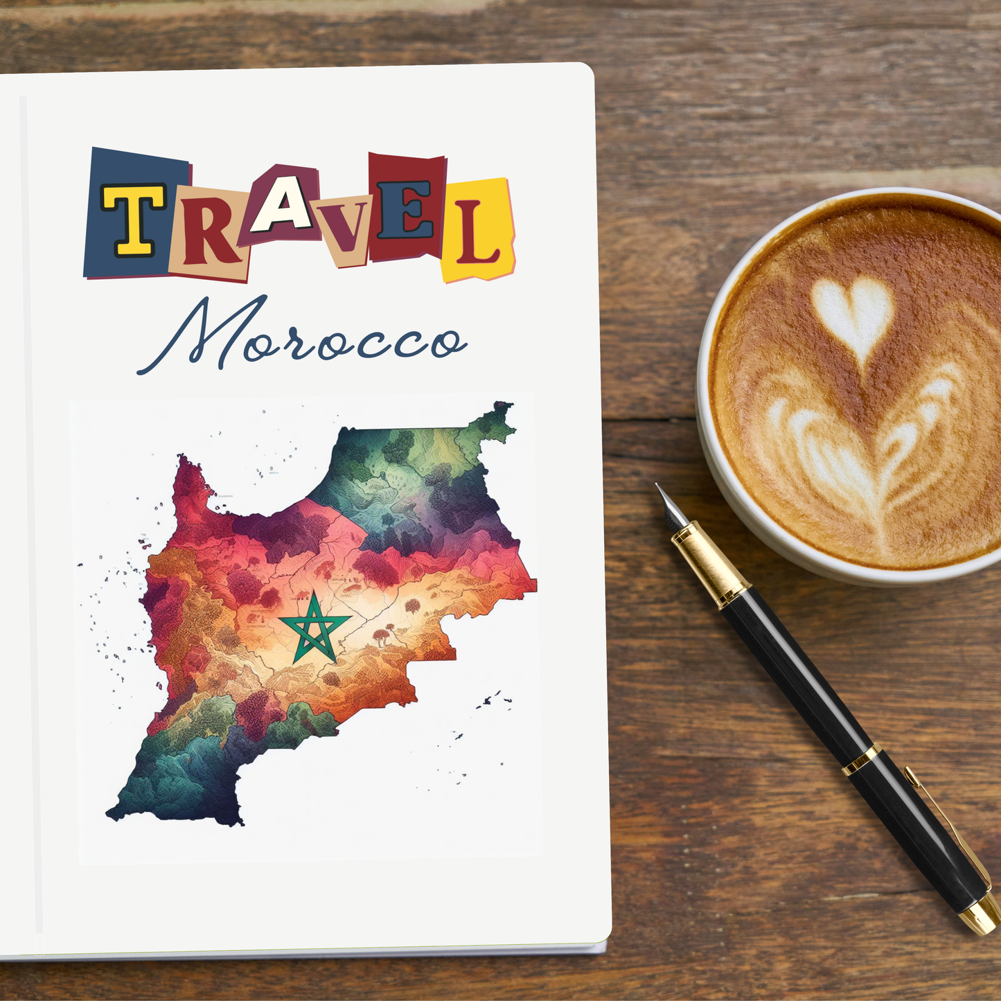 Travel Morocco travel journal with colourful stylised map of Morocco