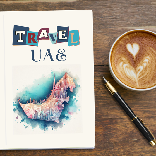 Travel planner and journal for United Arab Emitates with a stylised colourful map