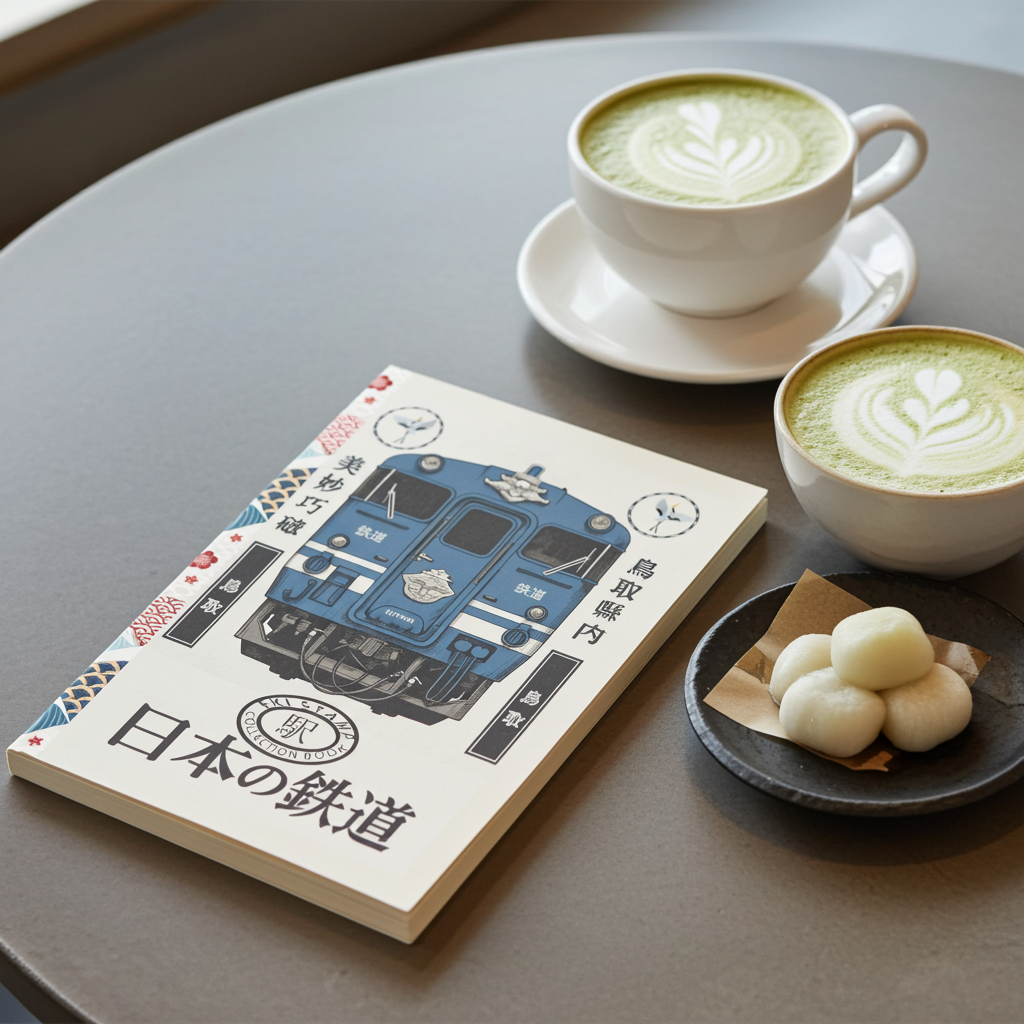 hardback Eki Stamp Collecting Notebook on  table with japanese tea and snacks