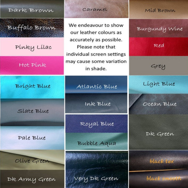 Colour chart of available leather for personalised bindings on a travel journal