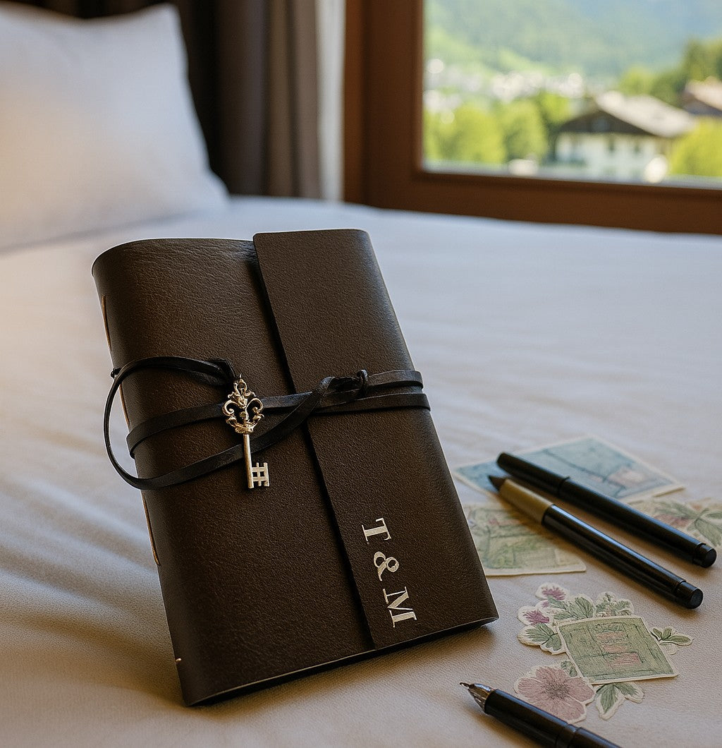 Large Leather Travel Journal, personalised, with wrap around cover, pockets and travel extras