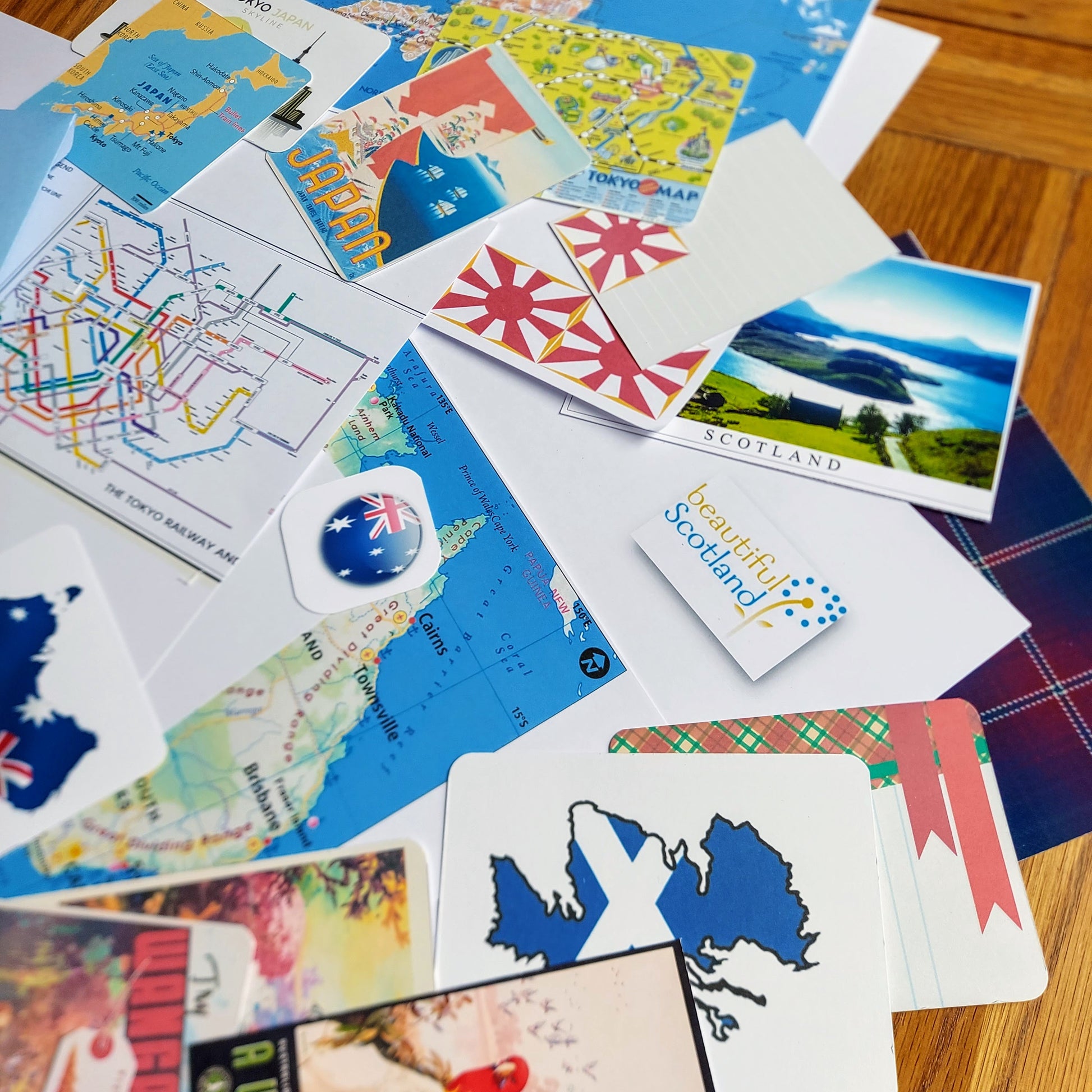 cards and Images used when adding a destination theme to leather travel journal showing maps and images of Japan Australia and Scotland