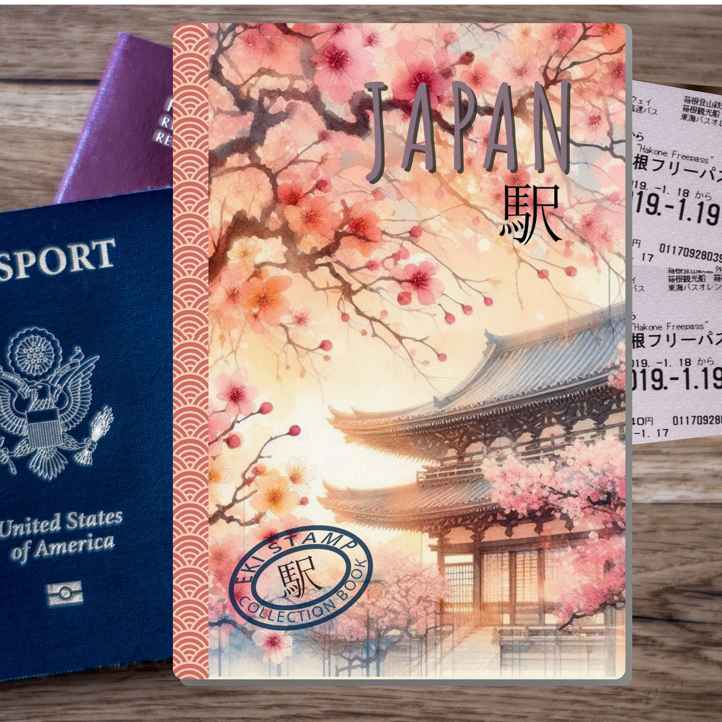 EKI Train Station Stamp Collecting HARDBACK Notebook - Cherry Blossom Temple