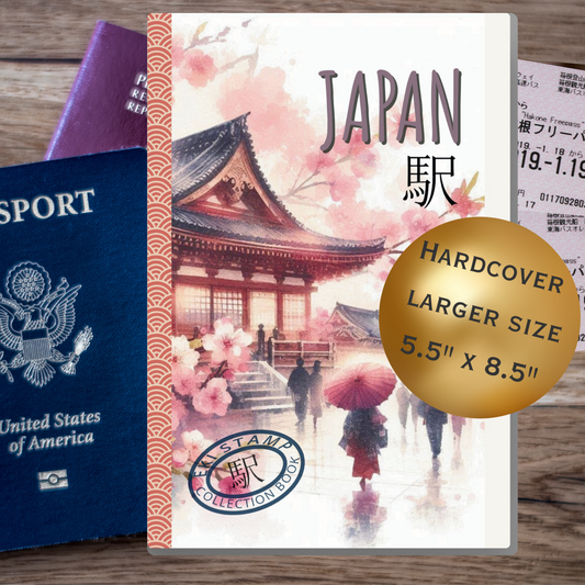 Book titled japan with cherry blossom, temple rainy image