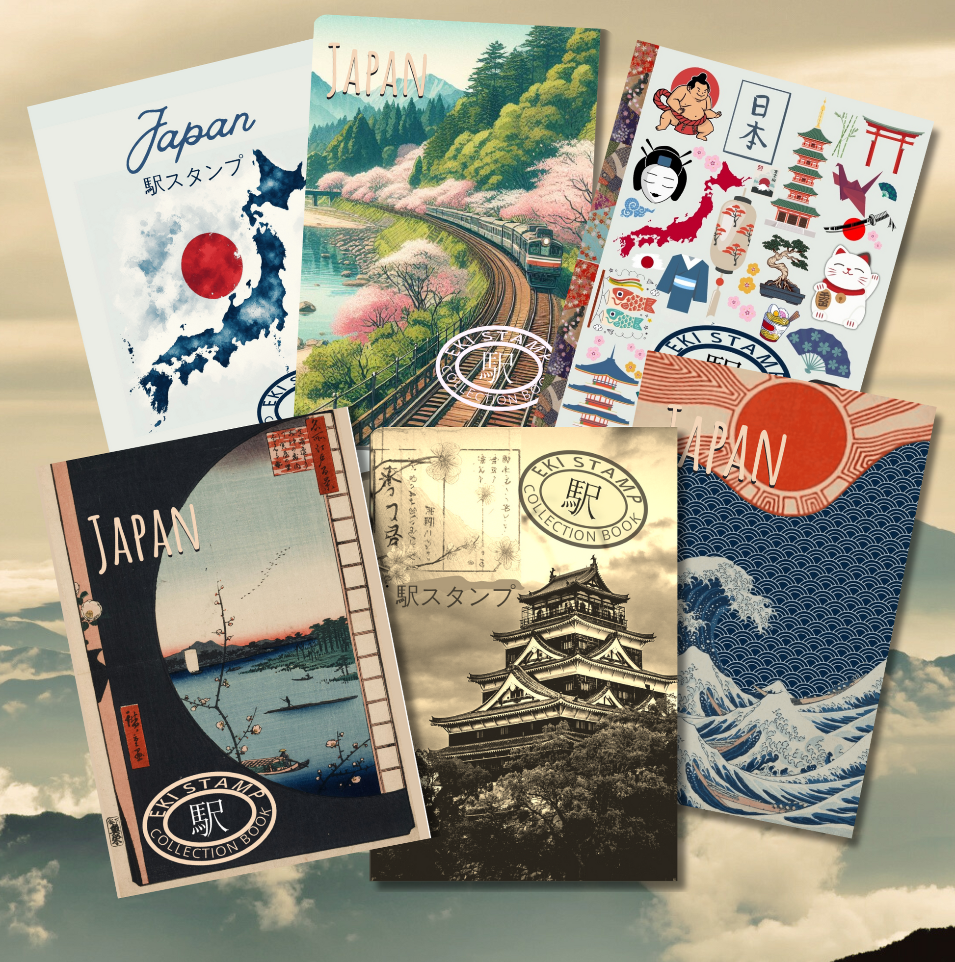 A colection of Eki Stamp collection notebooks with japanese images