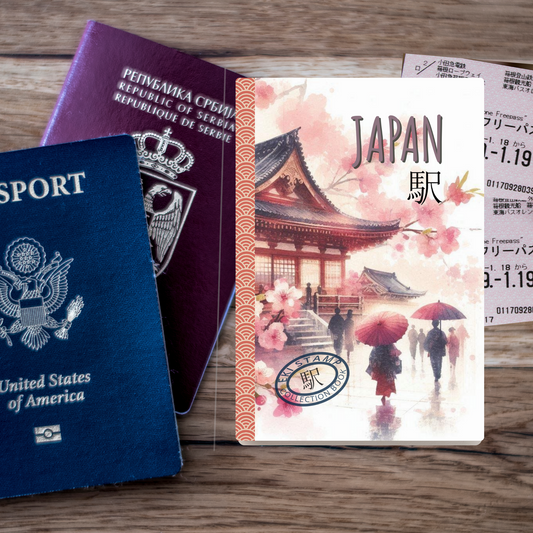Rainy day at a japanese temple during the cherry blossom estival adorns the front cover of a japan eki stamp collection book