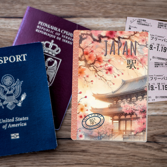 Eki Stamp collection album with japanese cherry blossom and temple