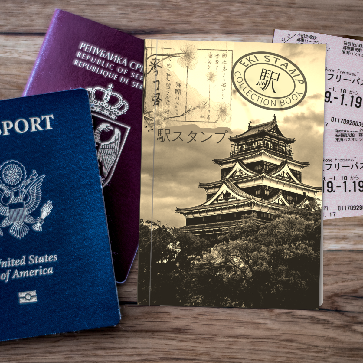 Eki Stamp collection book with sepia japanese temple and characters alongside red and blue passports and rail tickets