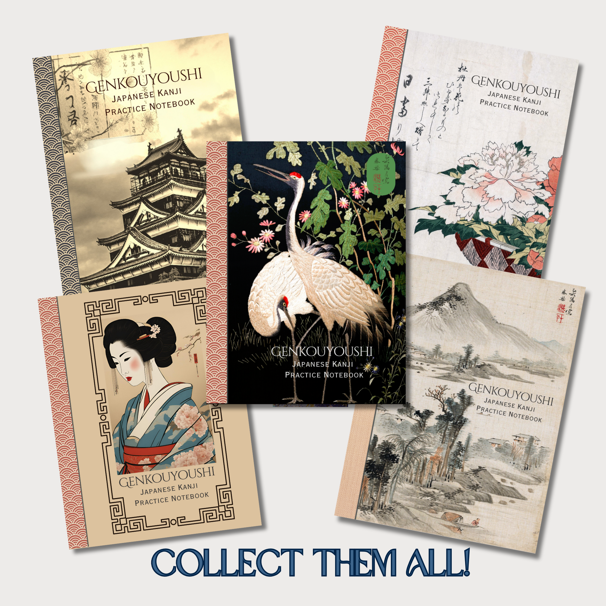 japanese genkouyousjhi orkbook collectiom featuring japanese landscapes, vranes, temple and geisha