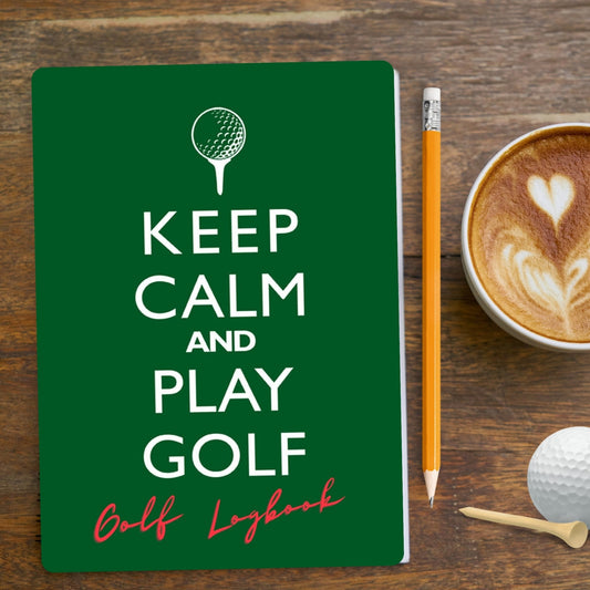 Green golf log journal featuring the saying Keep Calm and Play Golf an a golf tee and ball