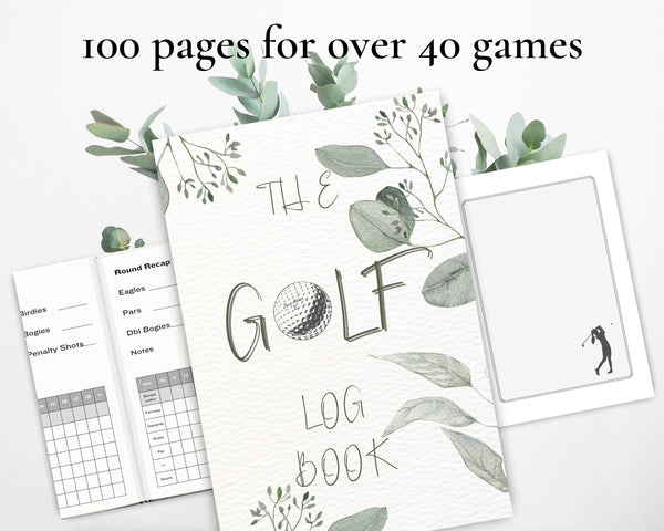 compilation of images of the golf log book cover and the inside pages.  one shows a lady golfer in full swing, the other the double page spread for recording the game.  Title states over 199 pages for over 40 games