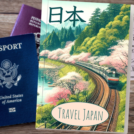 Vintage look Japan Travel Planner with a train traveling through a blossom filled landscape