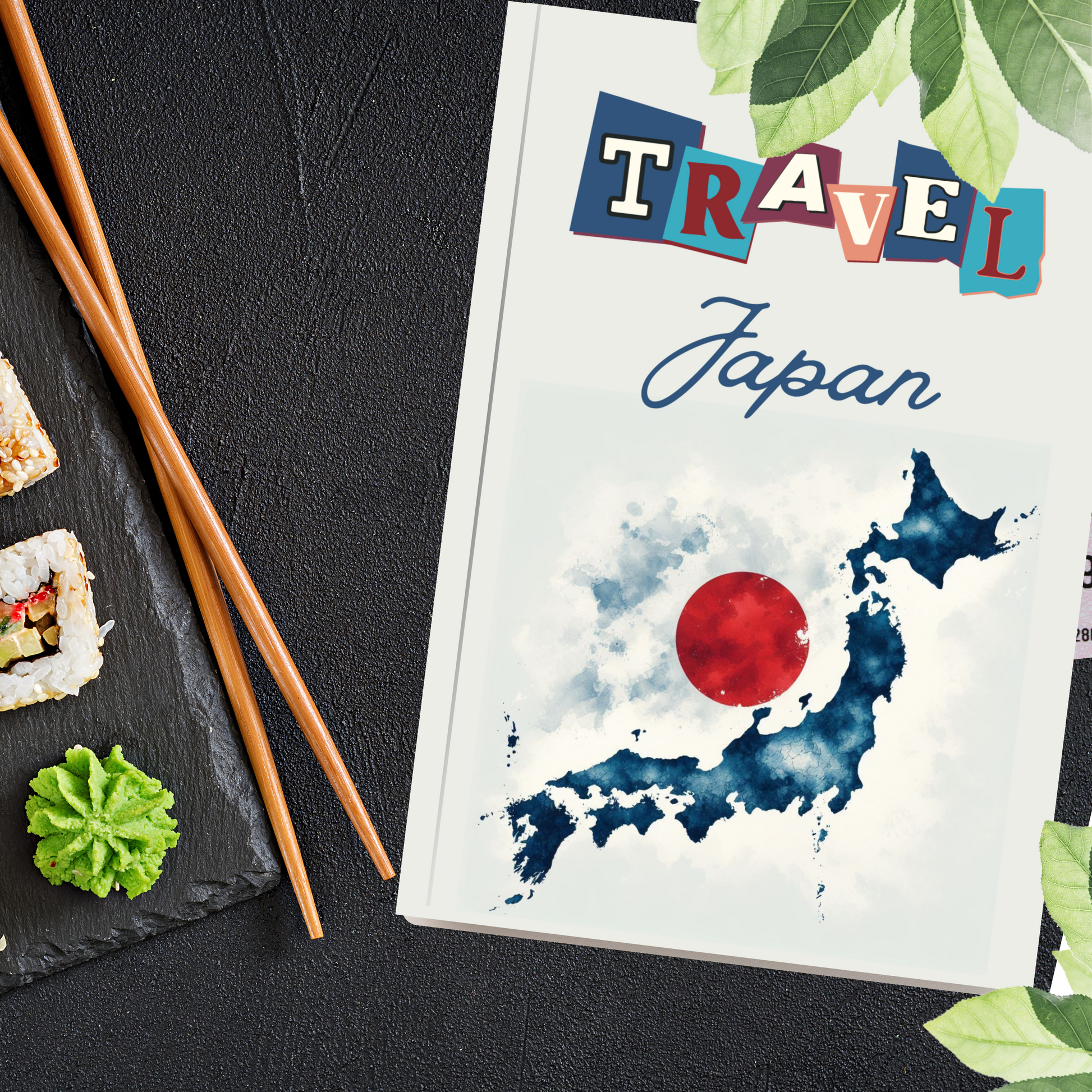 Japan travel journal with abstract japanese map and the word travel in block letters