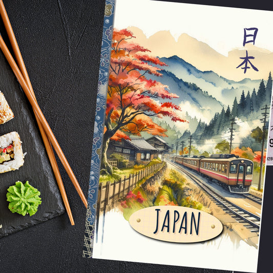 Notebook with a Japanese landscape illustration featuring a train and autumn trees, placed on a black surface with sushi and chopsticks.