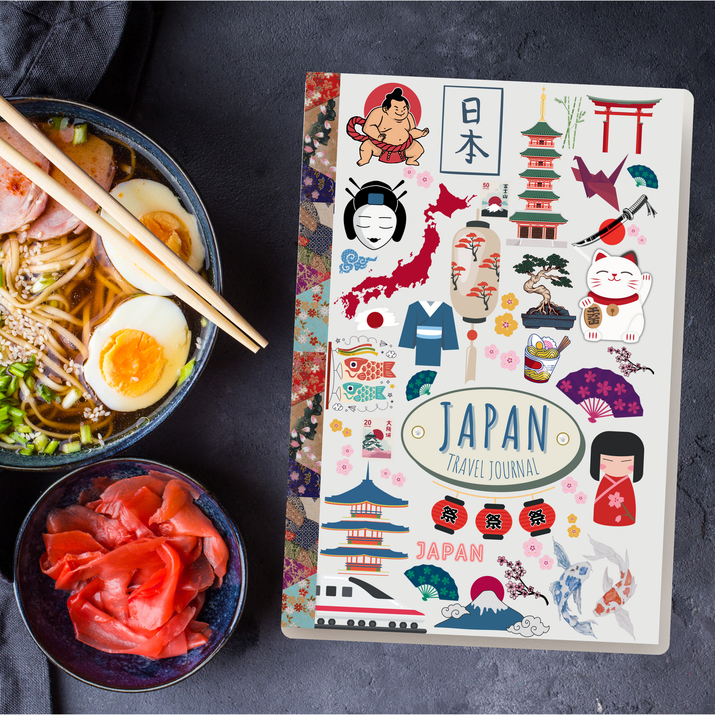 JApan Travel journal  with japanese icons on front cover