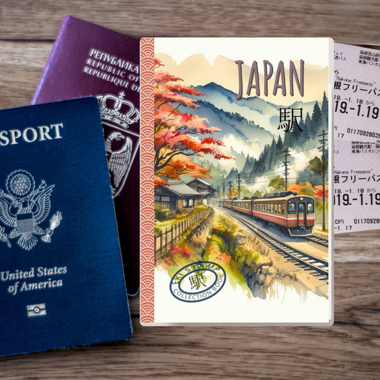 Passports Eki Train Station Stamp Collection book with a scenic Japanese train design on a wooden surface