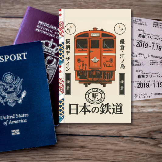 Vintage Red Train on the front of passport size Eki Stamp notebook