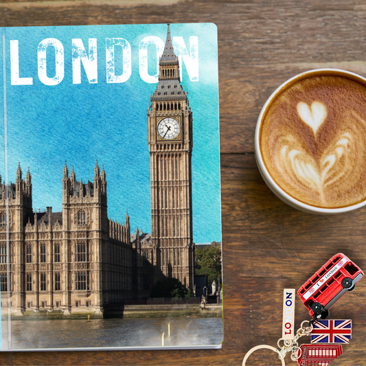 Travel Journal and planner for London with River Thames, Big Ben  alongside London Bus, Union Jack and London Phone box keyring and cup of coffee