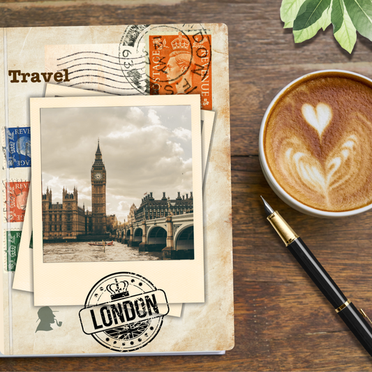 Travel Journal for London featuring a photograph of Big Ben and vintage British stamp image.  Embossed with a London logo and  tiny Sherlock Holmes silhouette