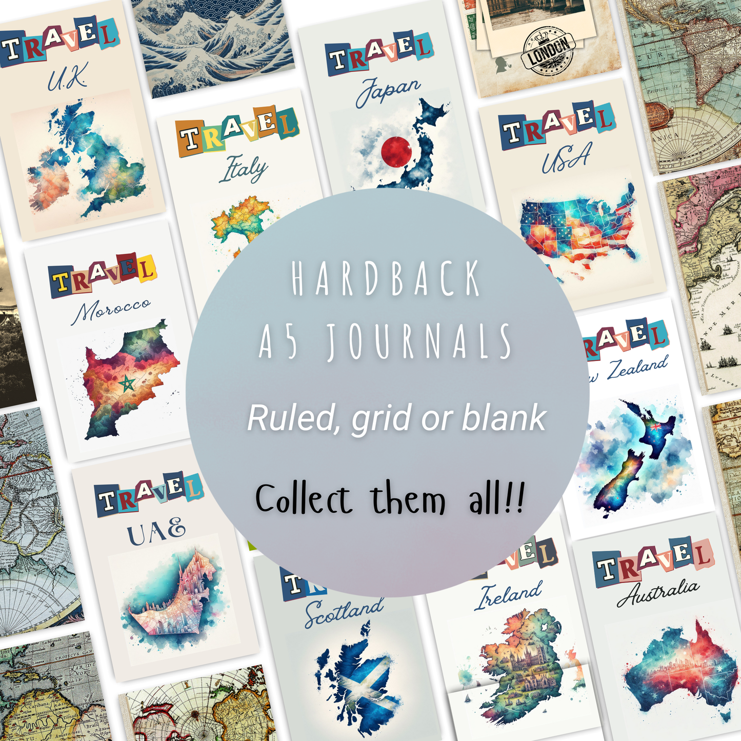 Collection of travel journals available from Bespoke Bindery