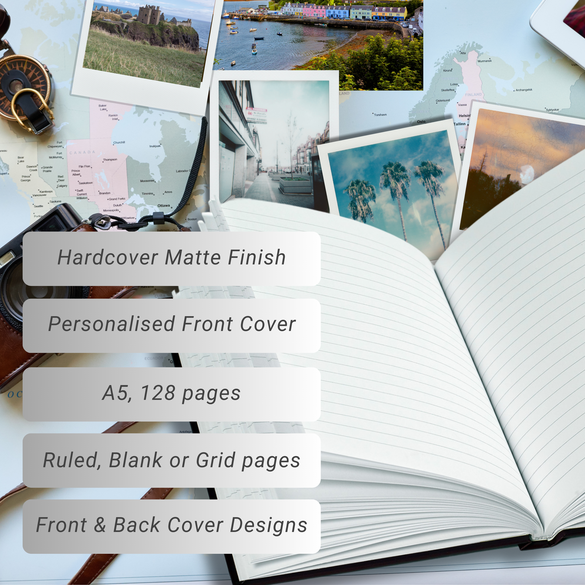 travel photos and lined hardback notebook with bullet points