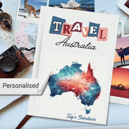 Travel Australia PErsonalised hardcover notebook surrounded by Australian photographs