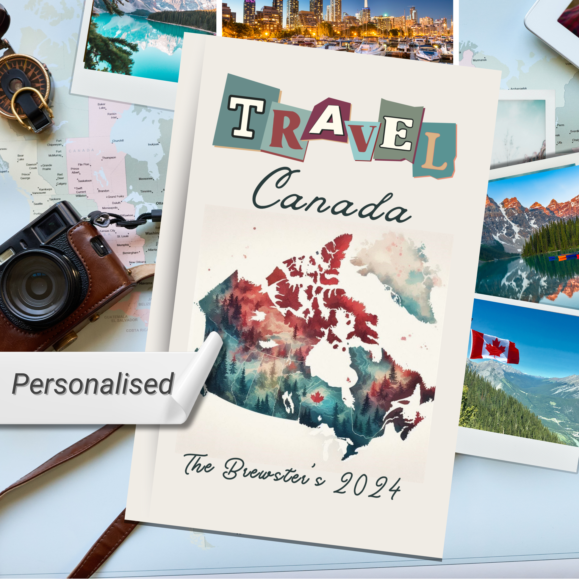 Travel Canada hardcover personalised notebook surrounded by Canadian travel photos