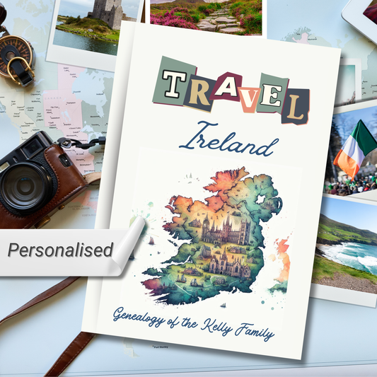 Travel Ireland personalised hardback notebook with Irish map image surrounded by Irish tourist photos