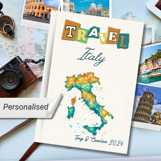 Travel Italy personalised hardback notebook with Italian map image surrounded by italian tourist photos