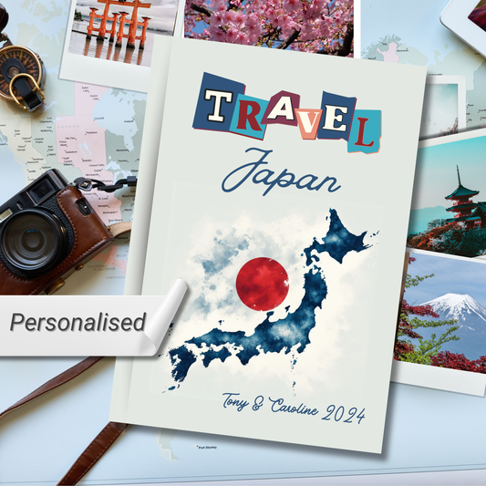 Travel Japan personalised hardback notebook with Japanese map image  surrounded by japanese tourist pictures