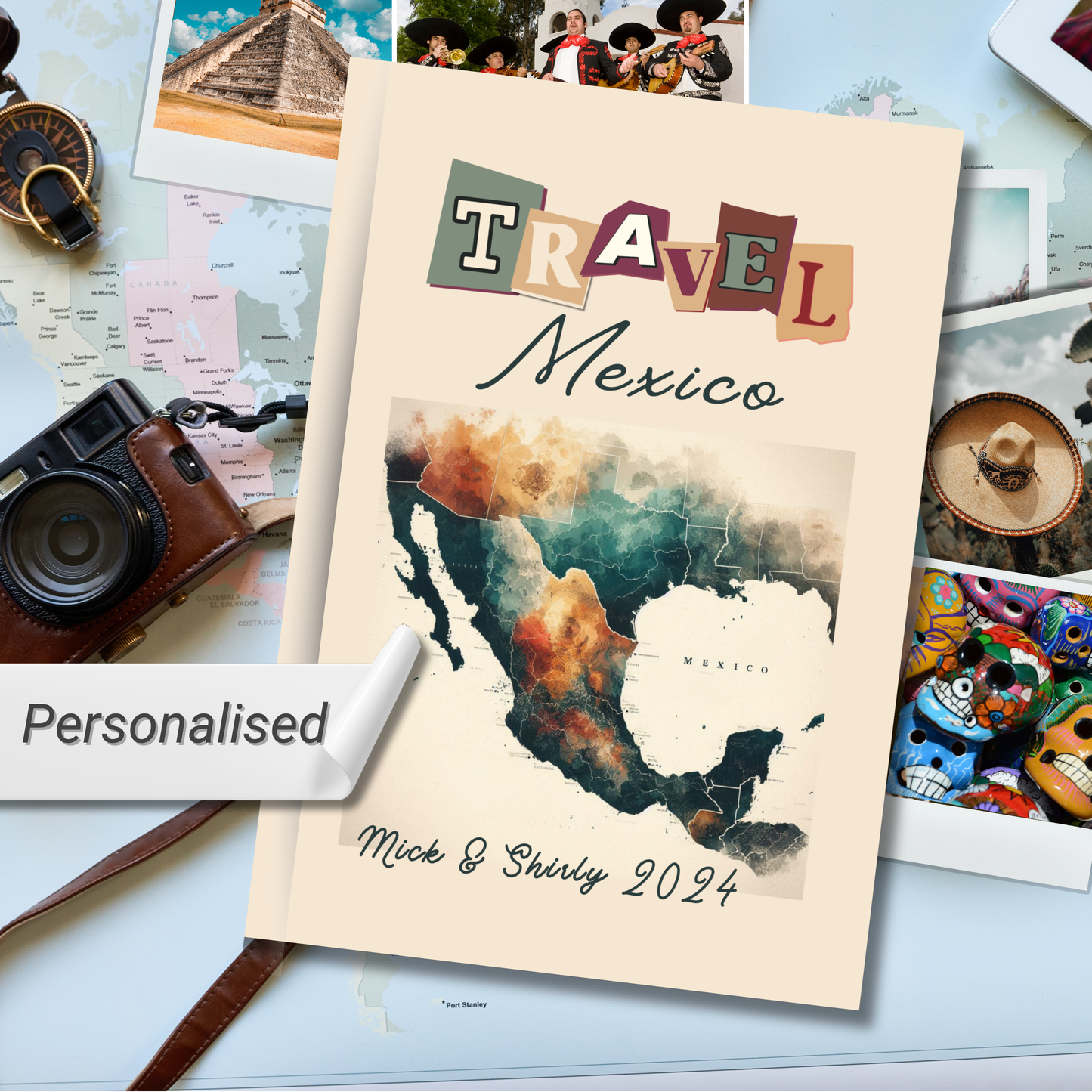 Travel Mexico personalised hardback notebook with Mexican map image 