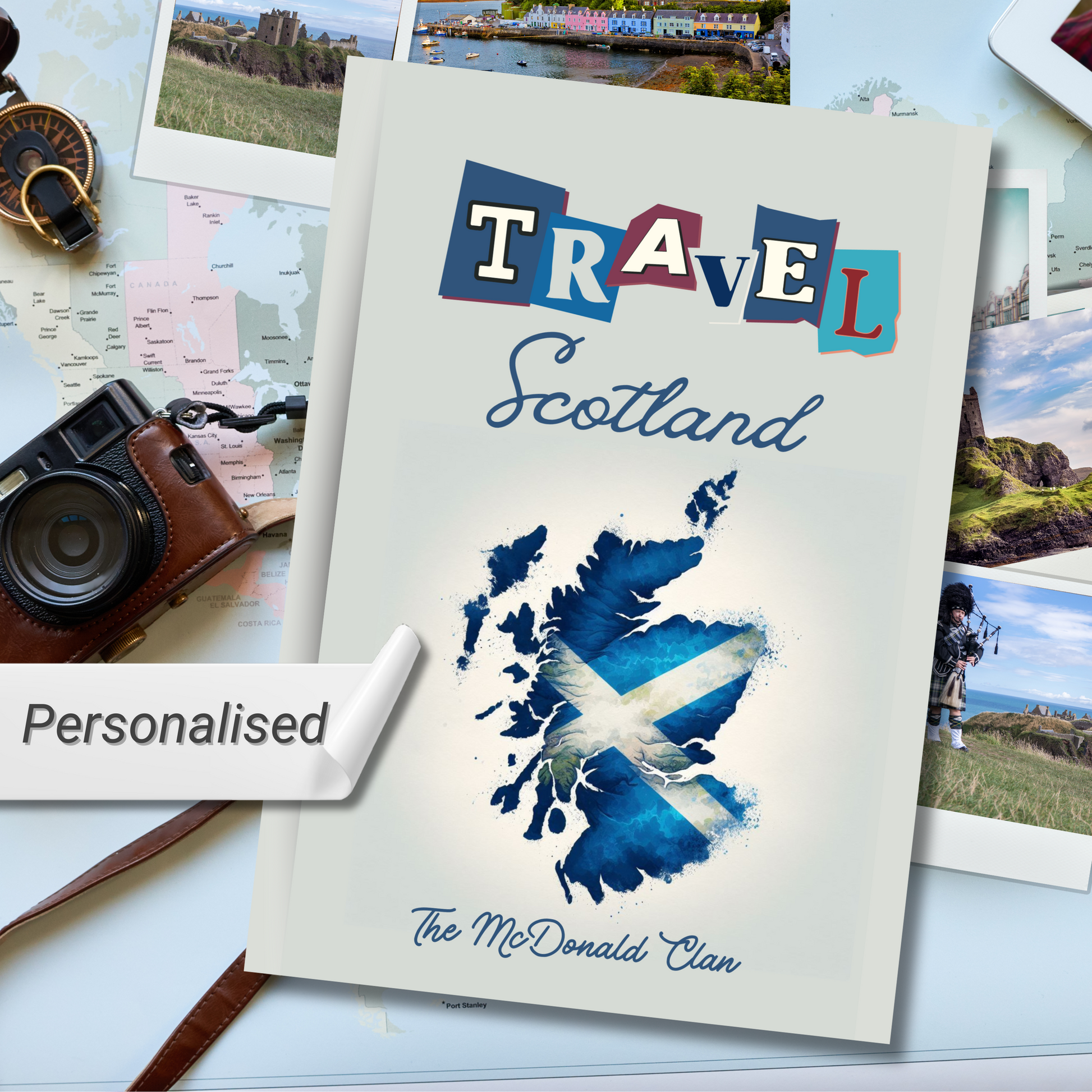 Travel Scotland personalised hardback notebook with Scotland map image surrounded by scottish tourist photos