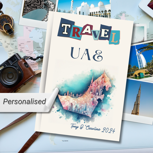 Travel UAE personalised hardback notebook with United Arab Emirates map image surrounded by photos of Middle Eastern landmarks