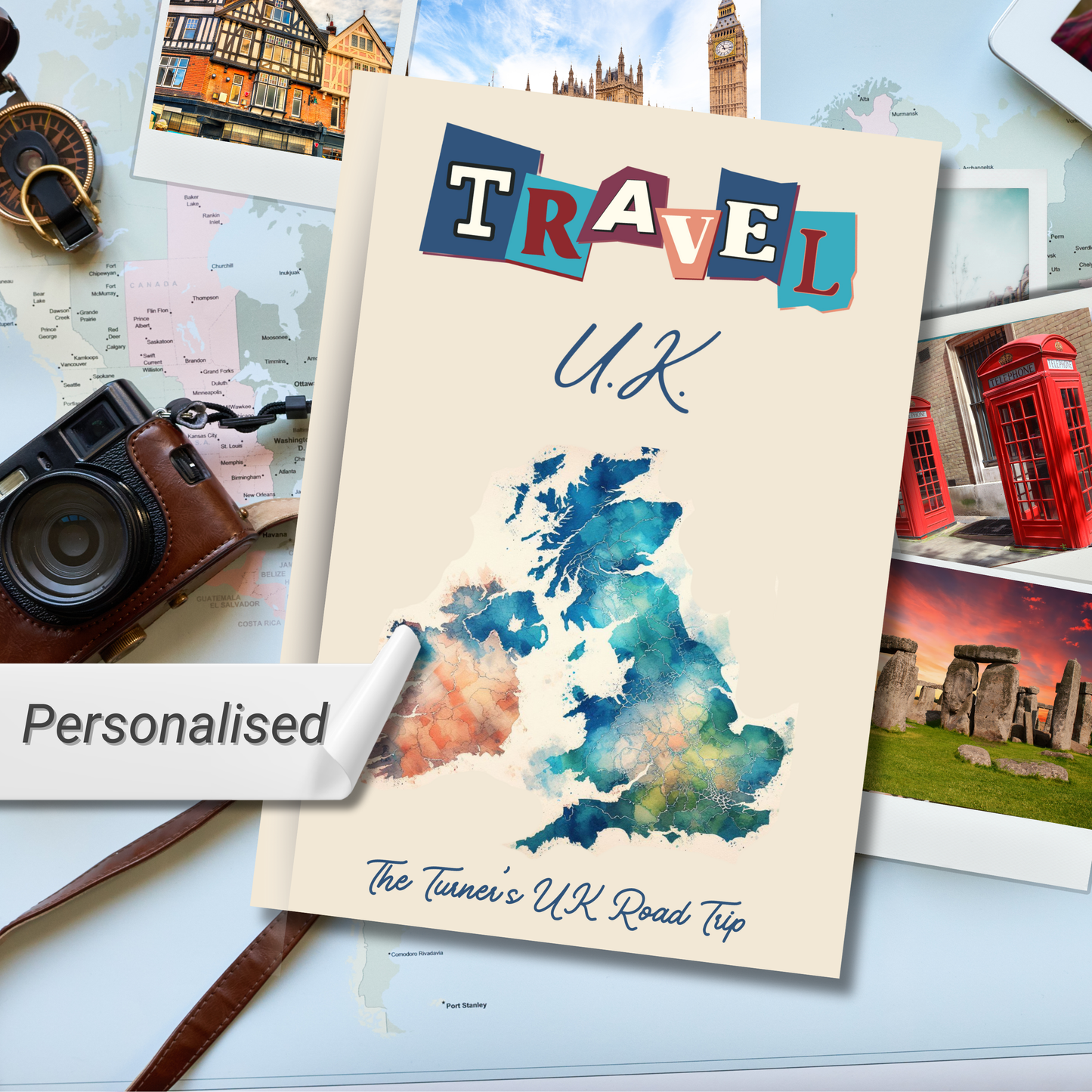 Travel Uk personalised hardback notebook with UK map image surrounded by English tourist photos