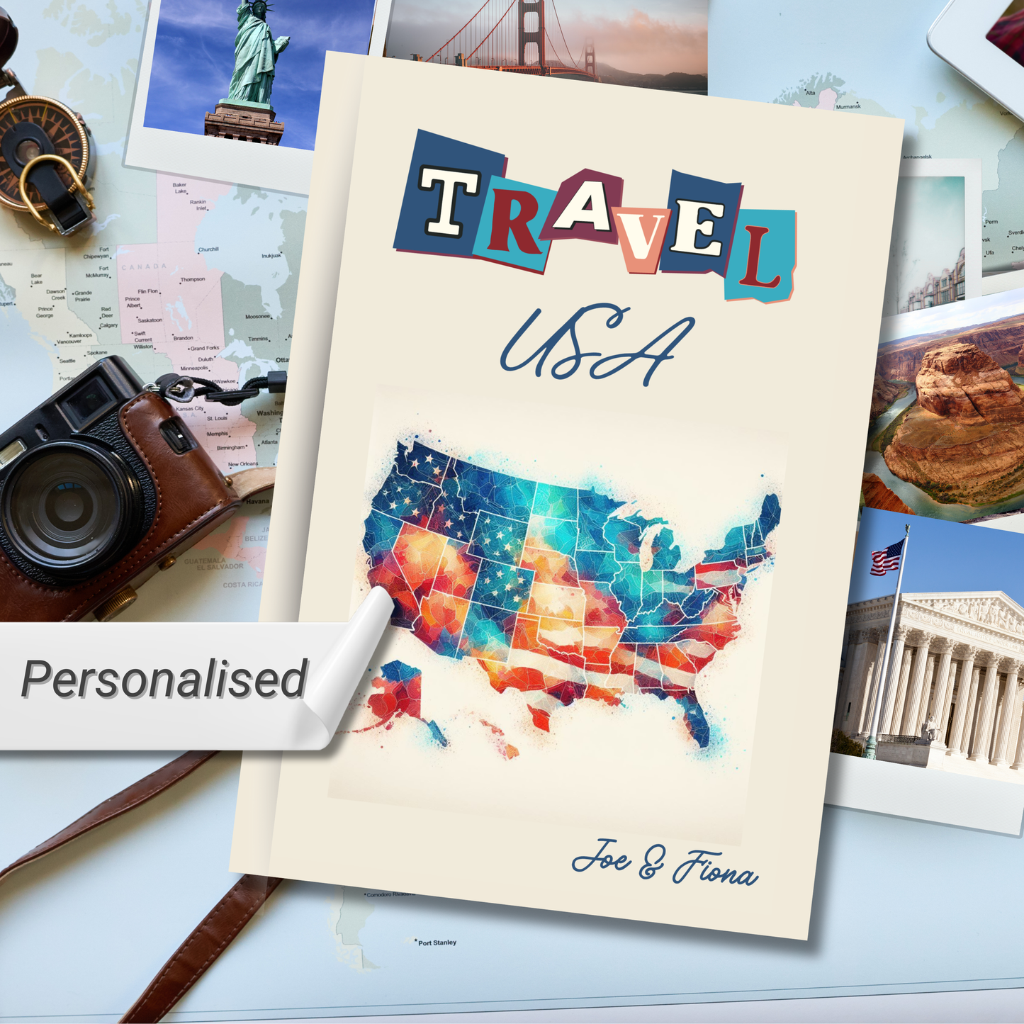 Travel USA personalised hardback notebook with United States map image surrounded by USA tourist destination photos