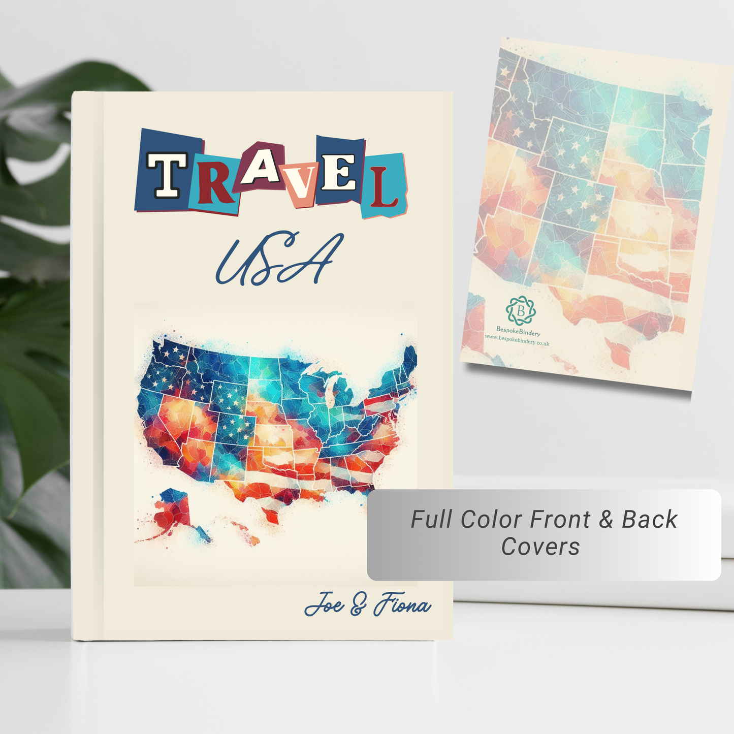 Travel USA personalised hardback notebook with United States map image on front and back covers