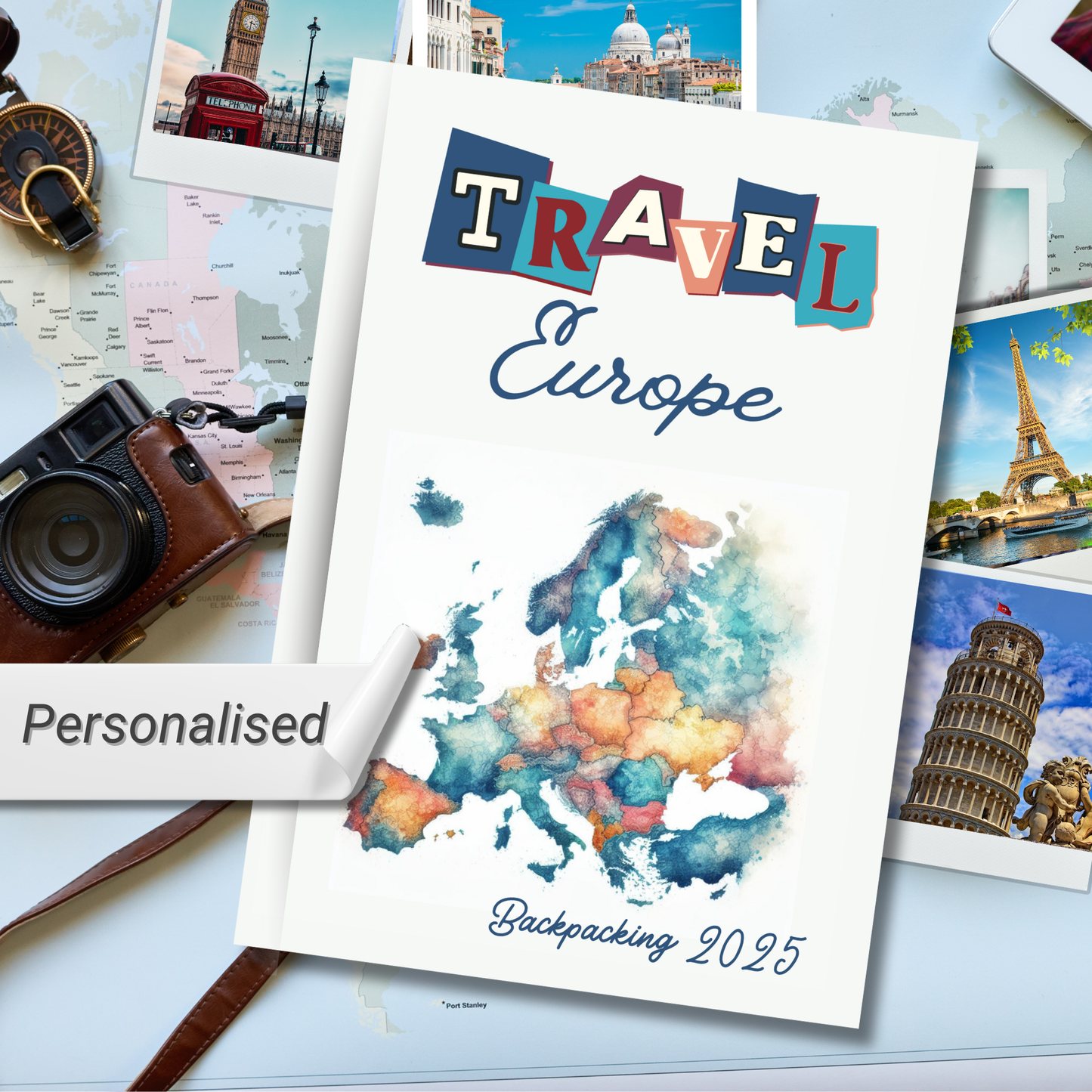 Travel Europe personalised hardback notebook with European map image surrounded by european tourist pictures