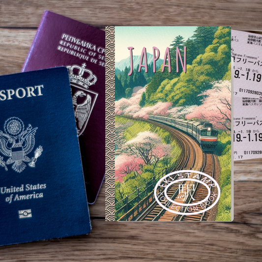Japan Eki Stamp Collection notebook with vintage train and japanese cherry blossom with passports and railway tickets