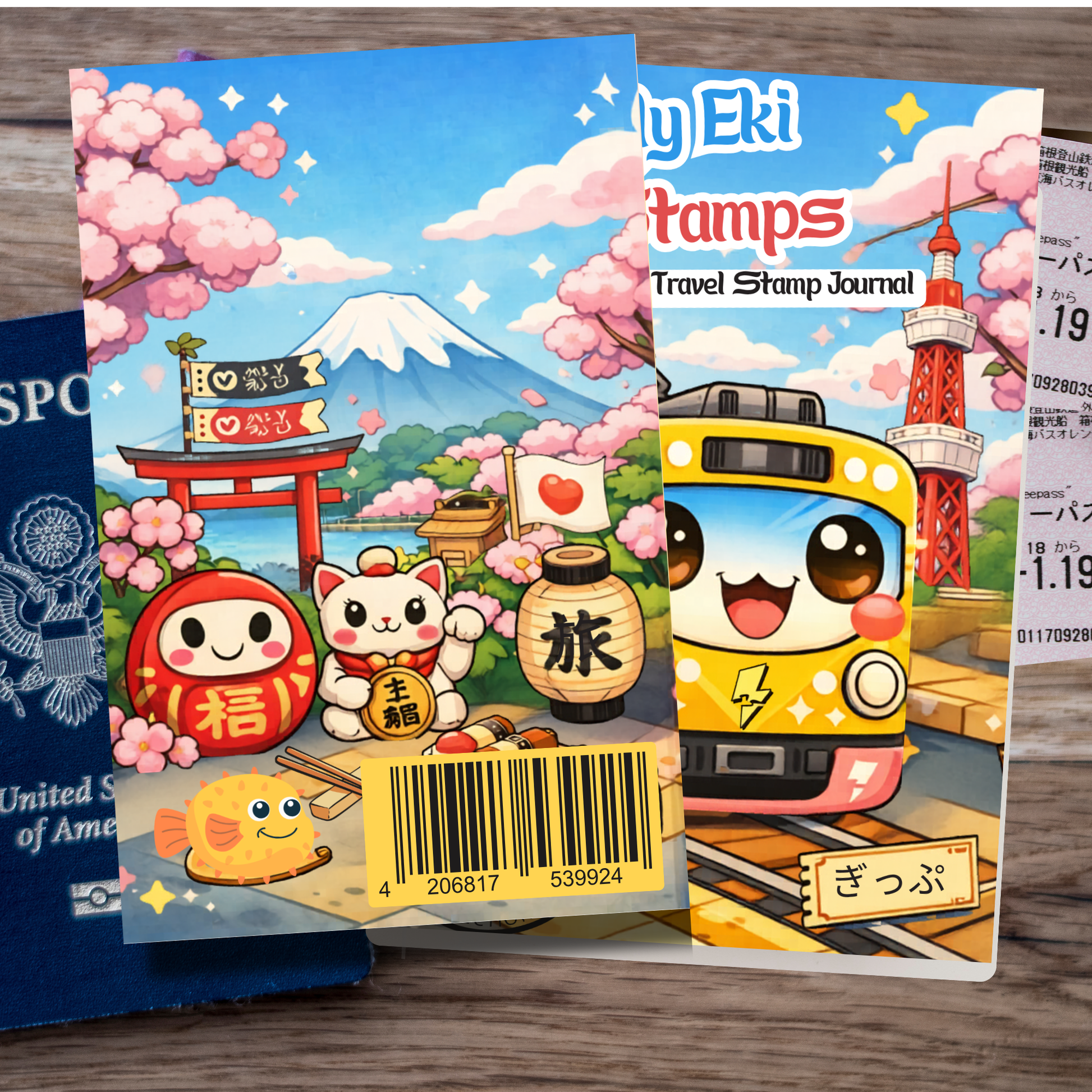 Eki Stamp journal with full cover colours front and back featuring japan yellow train, waving cat, puffer fish and other Japanese icons
