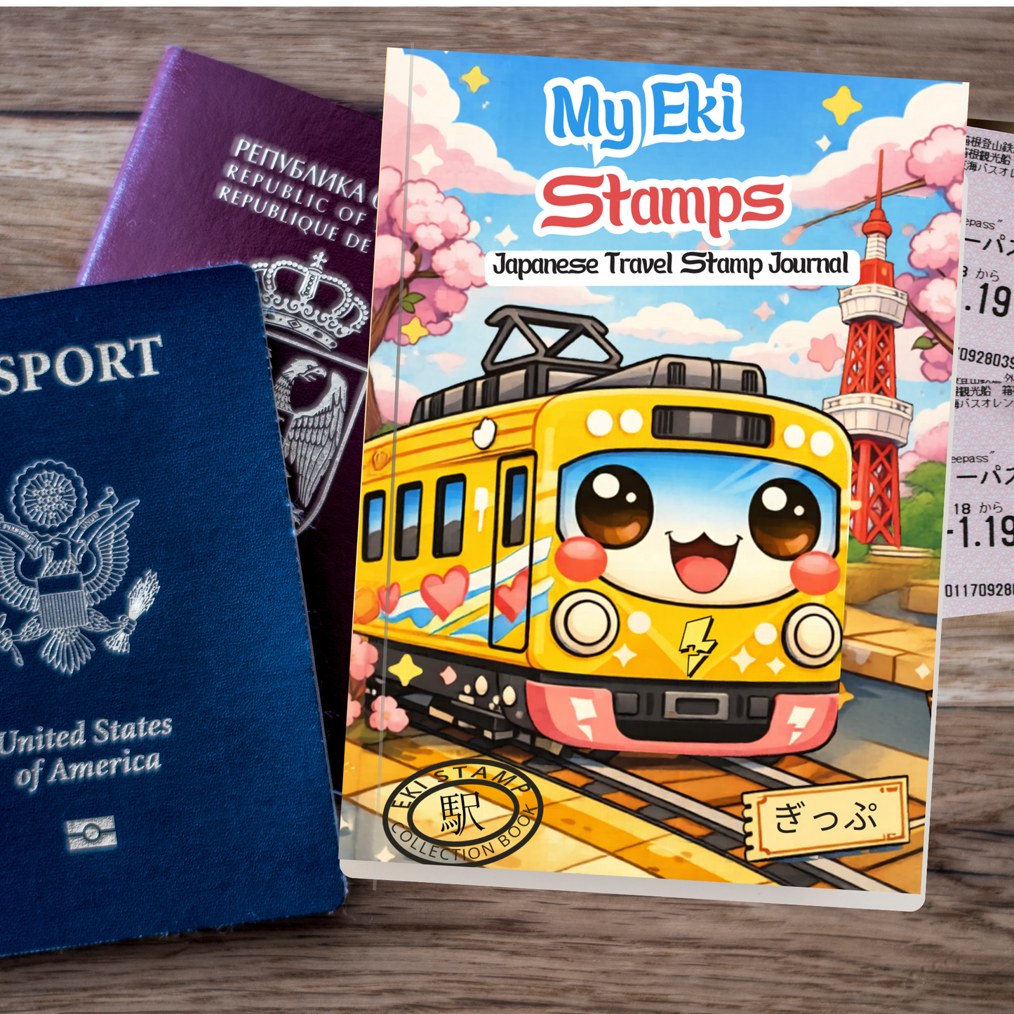 Japanese travel stamp journal with a cartoon train design, passport, and other travel items on a wooden surface.