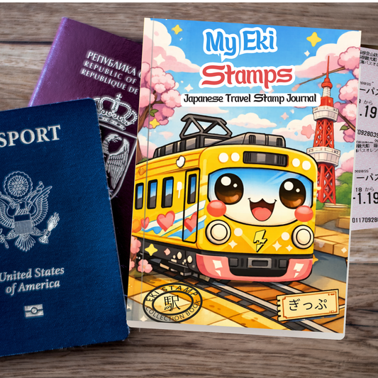 Japanese travel stamp journal with a cartoon train design, passport, and other travel items on a wooden surface.