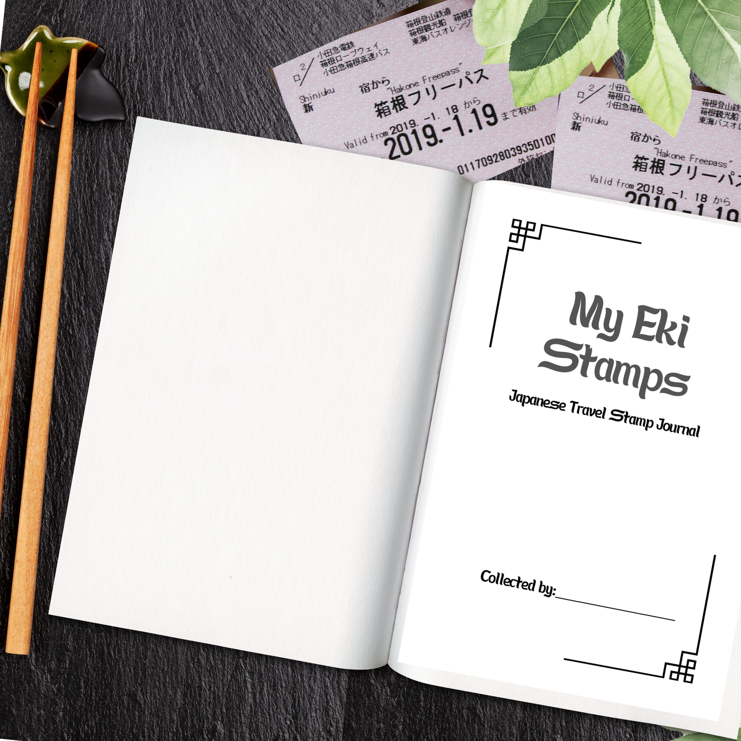 My Eki Stamps Japanese Travel Stamp Journal title page with chopsticks and train tickets