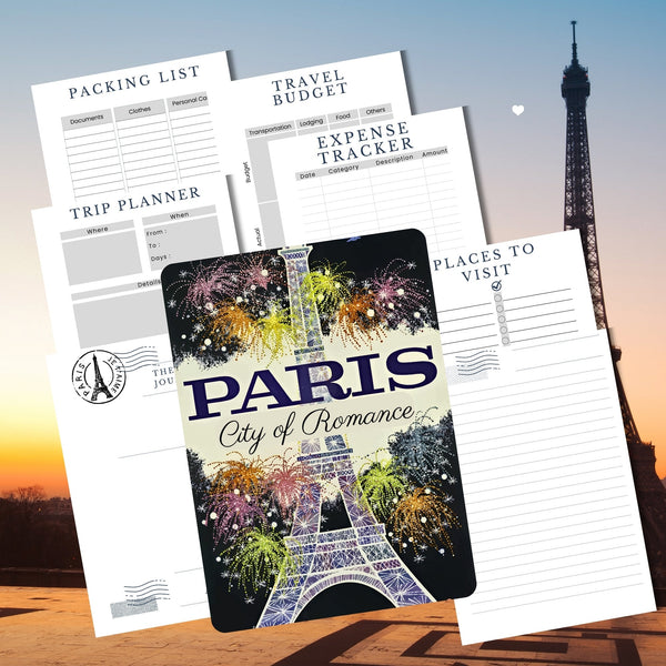 Colourful fireworks around Paris Eiffel tower on the cover of the travel planner.  Example pages are stacked around the central image