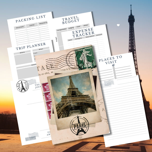 Vintage photo of the eifrel tower features on the front of a Paris travel journal, surrounded by example pages that are found inside the travel journal.