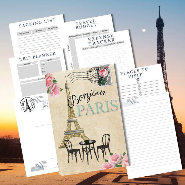 paris travel planner journal cover at the front of a selection of journal pages fro the inside.  Eiffel tower features in the background