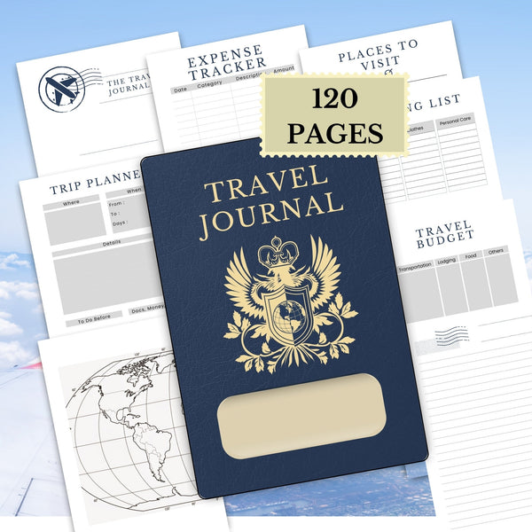 A selection of pages from the passport style travel planner - title page, expense tracker, places to visit, Trip planner, Packing List, Travel Budget and world map.  Sticker saying 120 pages