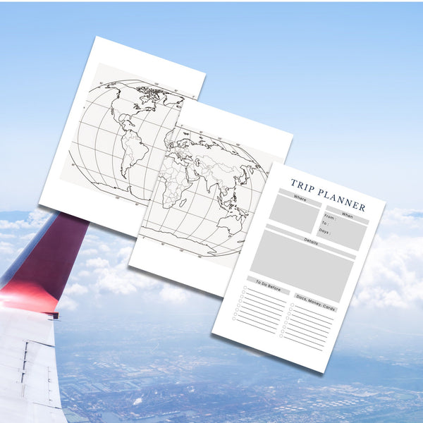 blank world map and trip planner pages from the passport travel journal with blue sky and aeroplane wing background