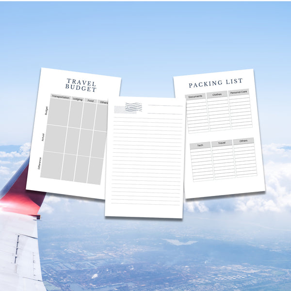 blue sky background with pages from the travel journal featured - travel budget, travel packing list and lined note pad