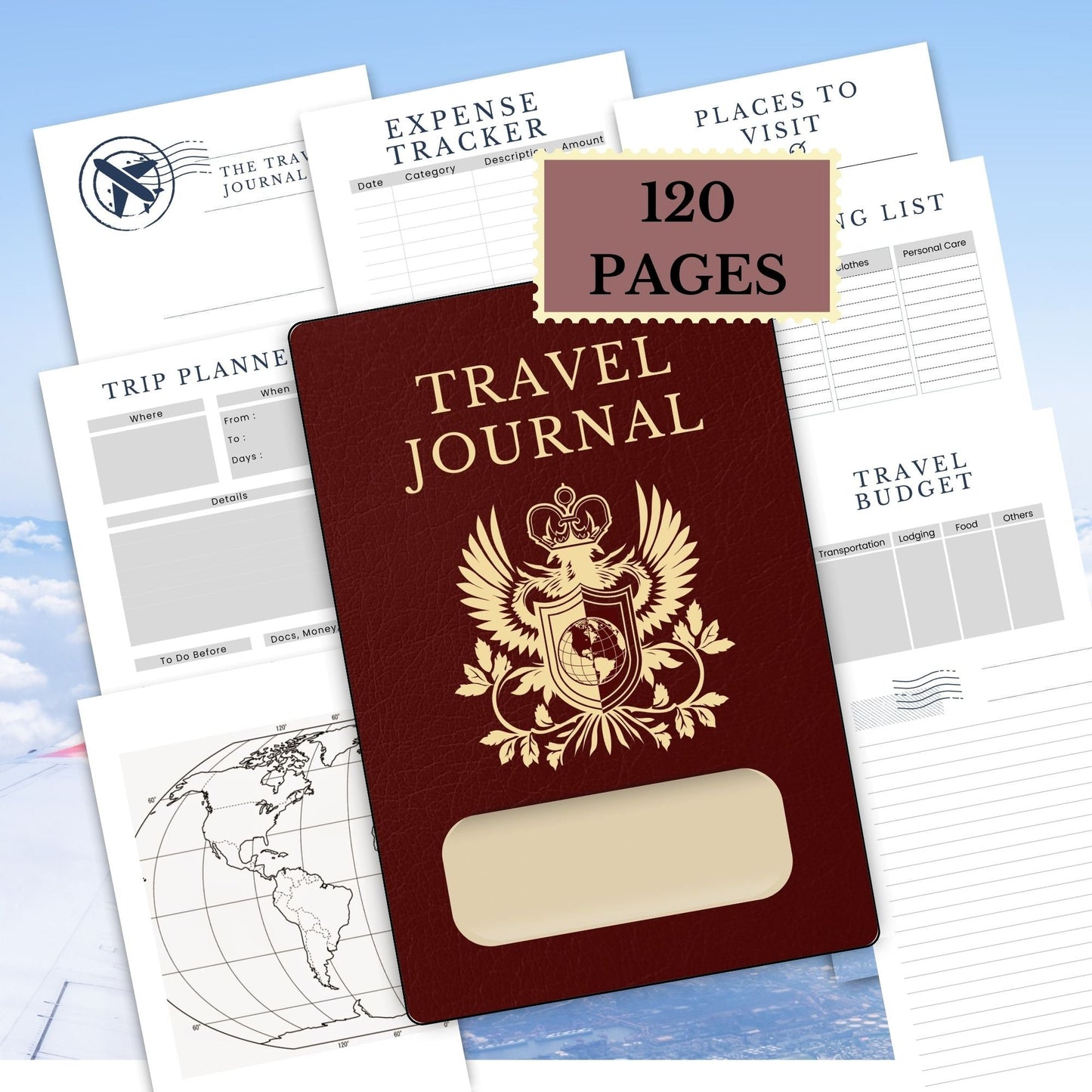 Passport travel journal with a sticker stating 120 pages and examples of the various planning pages in the background