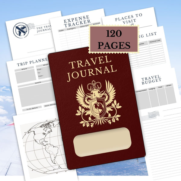 Passport travel journal with a sticker stating 120 pages and examples of the various planning pages in the background